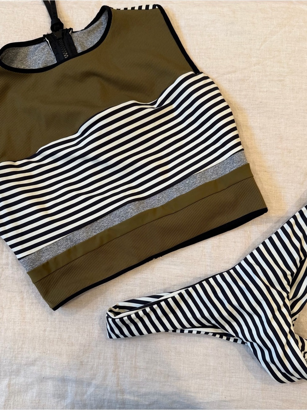 Boys + Arrows Olive, Black and Cream Striped Bikini M